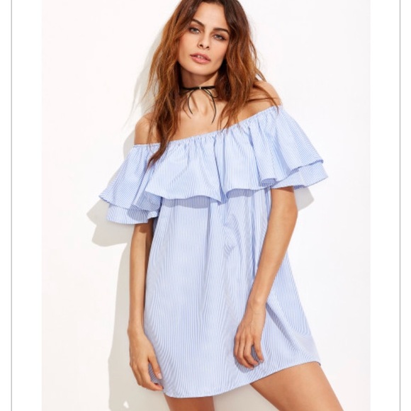 Blue Striped Off The Shoulder Ruffle Dress 👗 - Picture 2 of 8